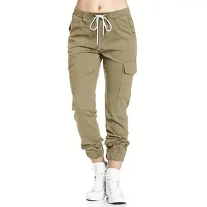 Solid Drawstring Cargo Pants, Casual Elastic Waist Long Length Pants With Pockets, Women's Clothing Army Fit