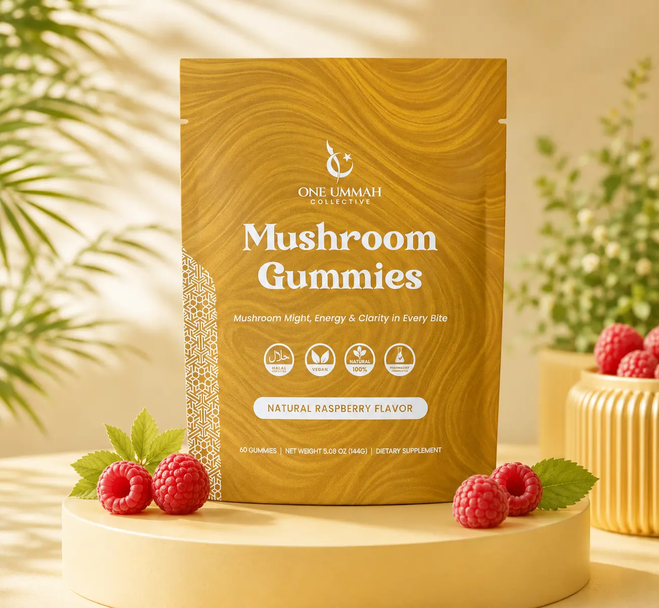 Halal Certified Mushroom Gummies - Vegan Daily Supplement with Chaga, Lion's Mane, Reishi & Cordyceps - 60 ct for Easy Digestion & High Absorption