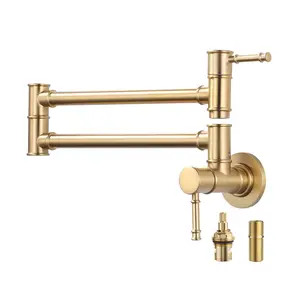 WOWOW Brushed Gold Wall-Mount Kitchen Pot Filler Faucet - Single Hole, Double Handle, Foldable Arm, Solid Brass Construction, Faucet Aerator, Cold Water Compatible Over Stove
