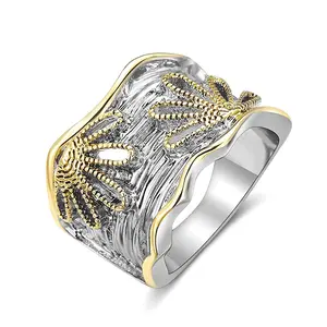 prilery Two-Tone Wide Band Statement Ring – Textured Silver Tone Base with Coral Pattern Accents, Wavy Border, Bold Organic Design