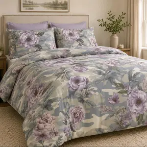 Plain text TITLE: Lavender Floral Camo Bedding Set | Luxury Botanical Comforter | Soft Neutral Bedroom Decor