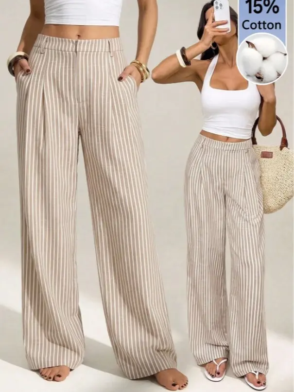 Women's Navy Blue Winter Elegant Office High Waist Pleated Wide Leg Pants,Old Money Business Casual Loose Trousers,Chic Tailored Work