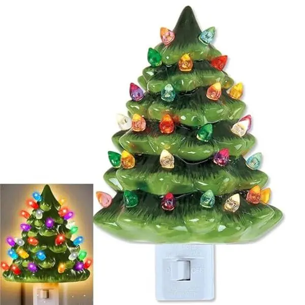 Christmas Tree Ceramic Night Light, Retro Christmas Tree Lamp with Multicolor Bulbs for Bedroom Kitchen Home Decor, Ideal Christmas Gift