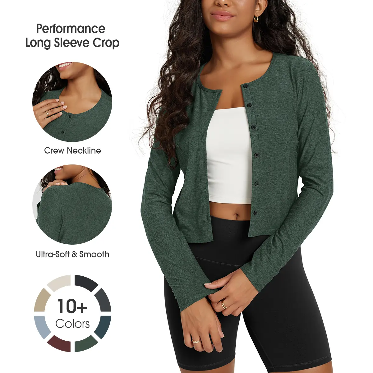 ODODOS Women's Cardigan - Ultra Soft odSTRATUM Tech Performance Long Sleeve Crop UPF 50+ Button Down Crewneck Top