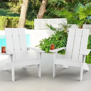 Modern Adirondack Chairs Set of 2, Oversize Weather-Resistant Plastic Adirondack Chairs with Cup Holder, Comfortable Outdoor Fire Pit Chairs for Patio, Lawn, Garden, Backyard Seating, White