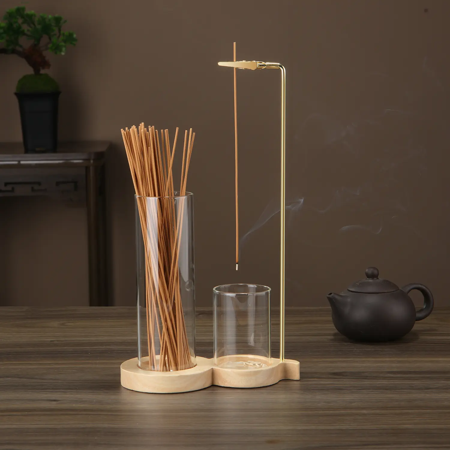 Wooden Glass Gourd Incense Burner, Herbal Aroma Scented Diffuser Stick, Metal Crocodile Clip Holder, Home Indoor Inverted Hanging Rack, Home Fragrance Decor, Air Fragrance Diffuser, Home Fragrance Products, Suitable for Tea Room, Living Room, Office
