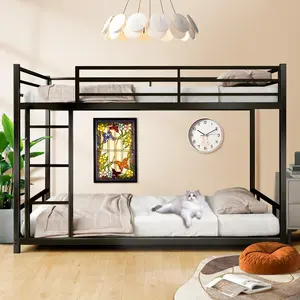 Bunk Bed Twin Over Twin Size Low Metal Bunk Bed with Ladder & Guardrails Floor Bunk Frame Bunkbeds for Teens Dorm Small Spaces Guest Room, No Box Spring Needed