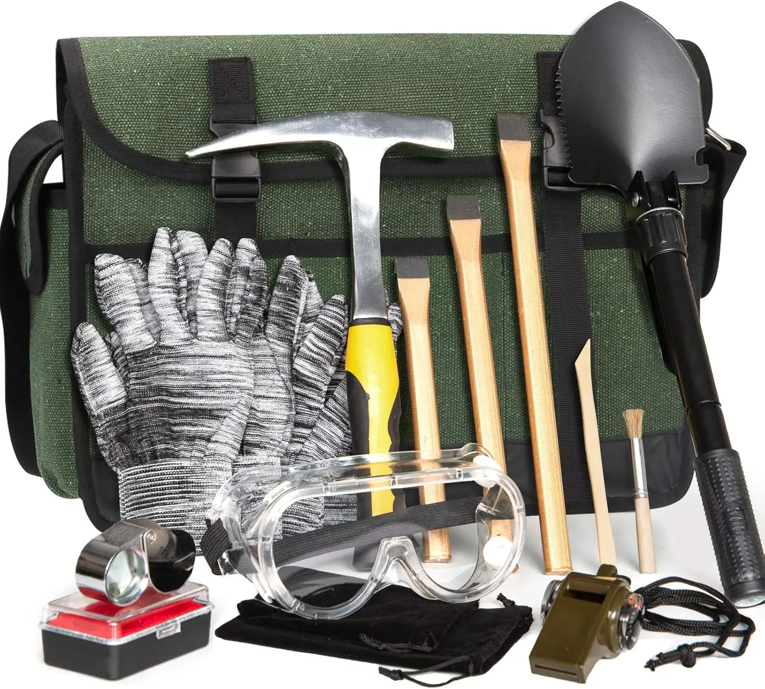 15 count Geology Rock Pick Hammer Kit, 32oz Hammer & 3 count Digging Chisels Set for Rock Hounding,  Mining & Prospecting Equipment Tool Gear Shovel Musette Bag, Compass, Whistle, Wooden Chisel