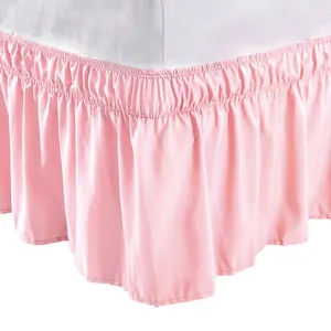 PiccoCasa Bed Skirt Wrap Around Bedskirt Three Fabric Sides Elastic Dust Ruffle, Easy Fit with 15 Inch Drop Twin Pink