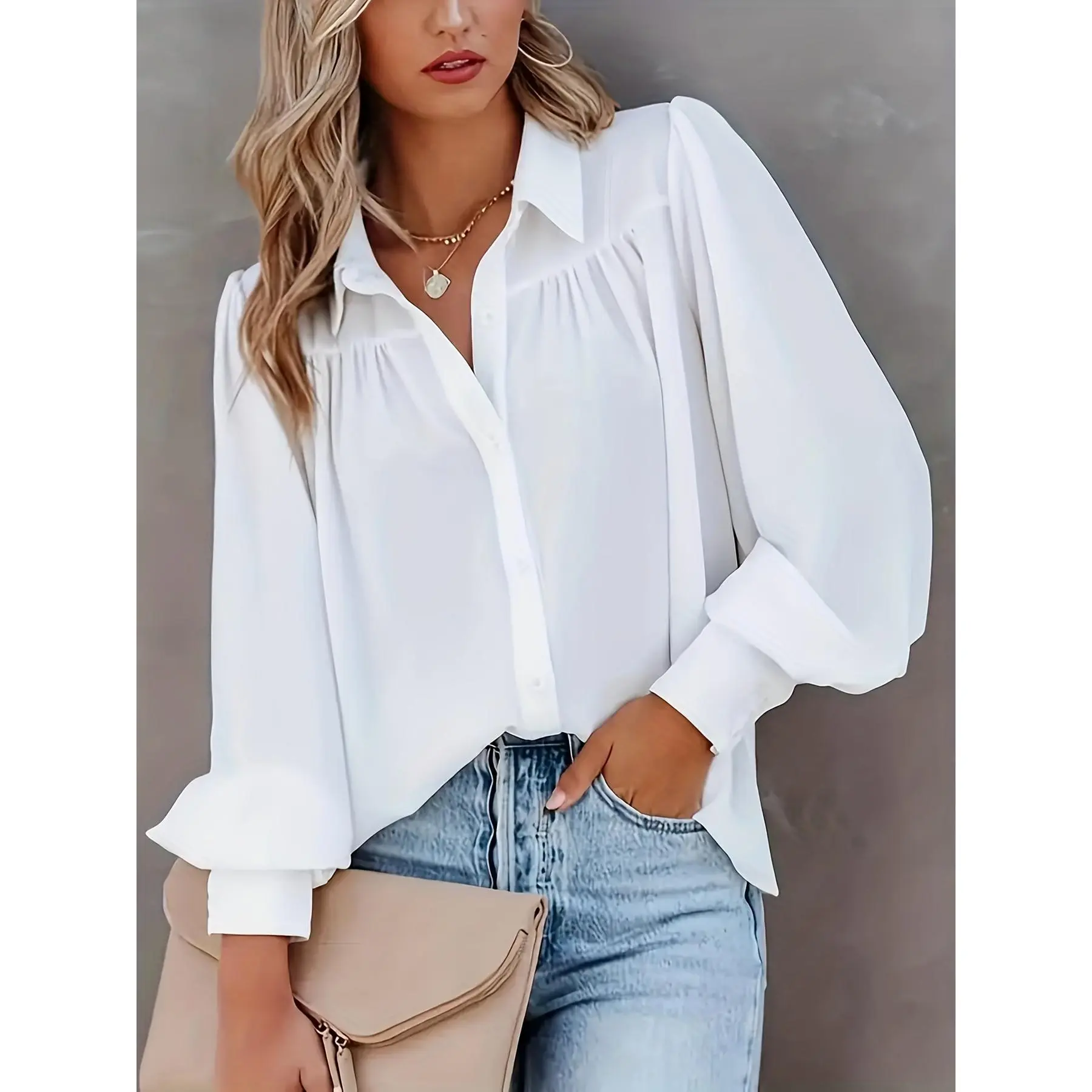 Large size solid color, turn-down collar and long-sleeve shirt with turn-down collar and long sleeves