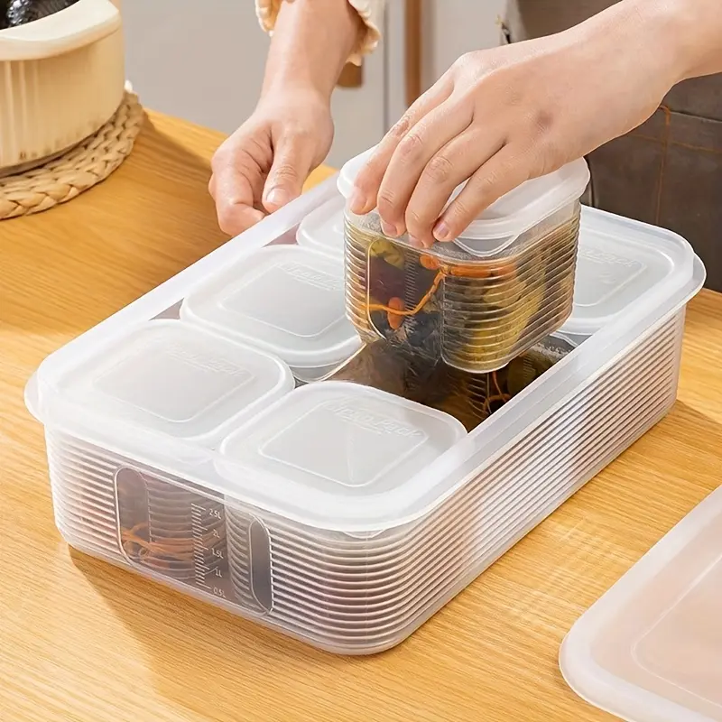 7pcs Freezer Soup Container Set - 6 Small Containers + 1 Large Container, Leakproof Microwave Food Storage Containers with Measurement Markings, Reusable Plastic Square Boxes for Fruits, Vegetables, Rice, Meal Prep, Fridge & Pantry Organiza