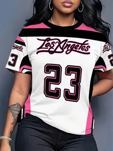 Pink and Black Color Block Los Angeles Letter Print Summer Women's Sports Short Sleeve T-Shirt "23" Number Print American Sweet and Cool Trendy Casual Top