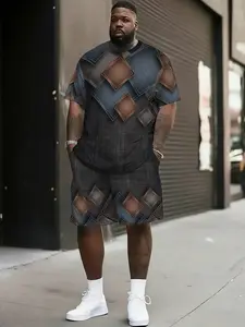 Men's Summer Casual Short Sleeve T-Shirt & Shorts Set, Geometric Dark Pattern Print, Hip-Hop Style, Plus Size 0xl-9xl, Ideal for Home, Outdoor Activities, Beach Vacation, Holiday Party