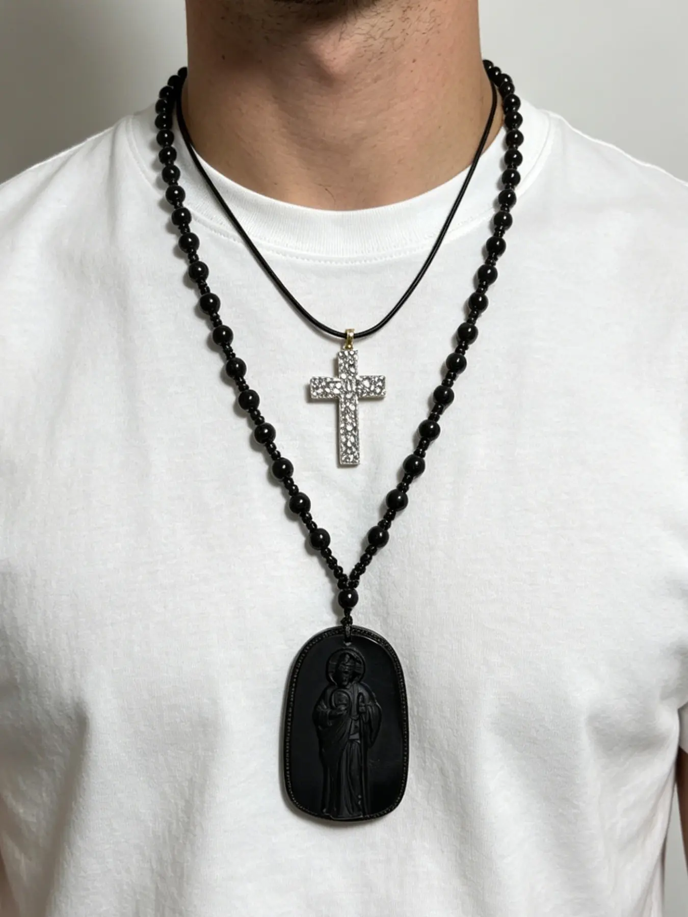Men's Double Layered Necklace, Leather Cord with Rhinestone Cross & Saint Jude Pendant, Dark Style Black Rosary Clavicle Chain