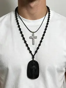 Men's Double Layered Necklace, Leather Cord with Rhinestone Cross & Saint Jude Pendant, Dark Style Black Rosary Clavicle Chain