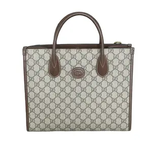 Pre-owned Canvas Tote Bags Gucci Interlocking G Medium Tote Bag GG Supreme with Brown Leather Trim