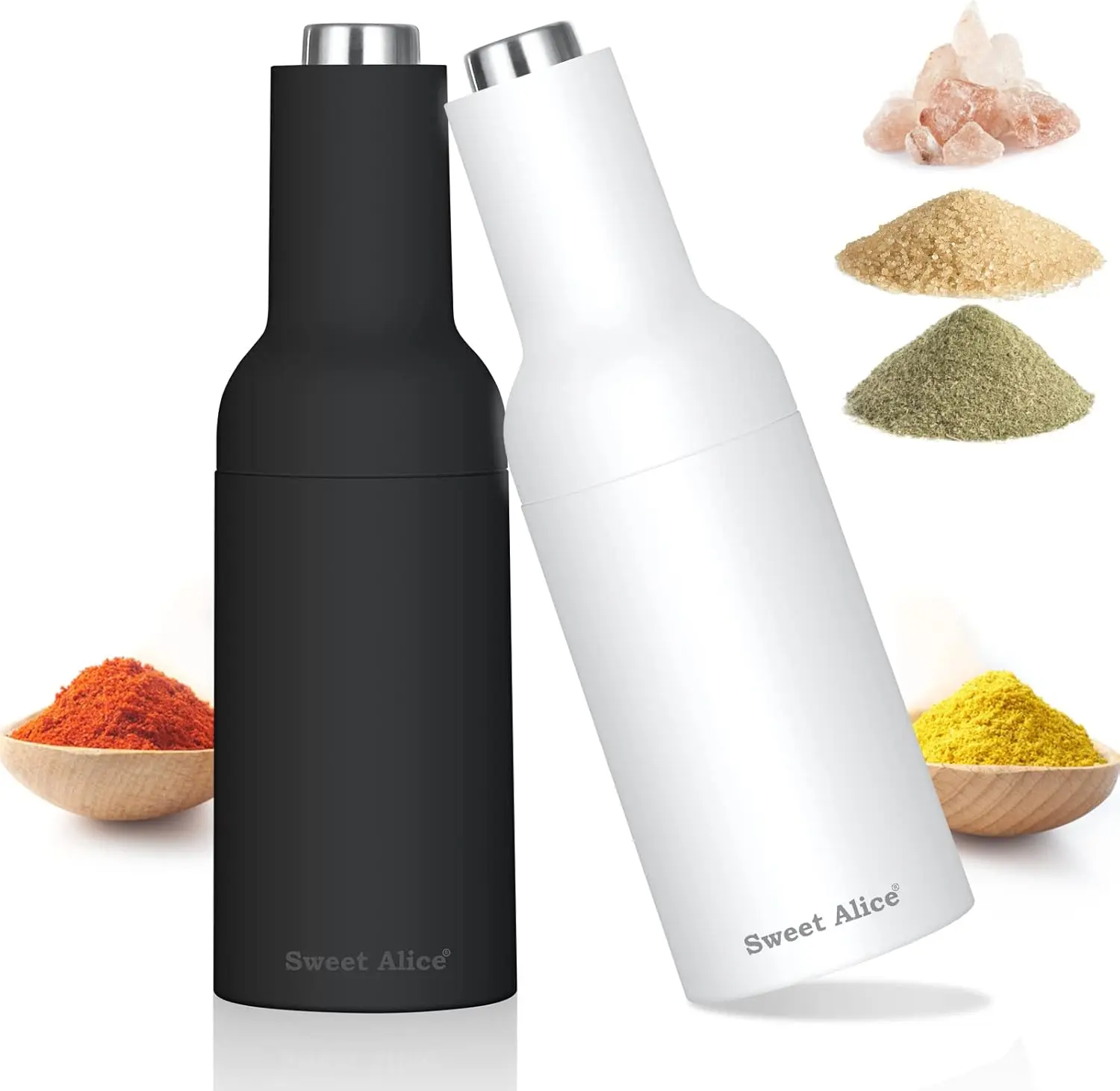 Sturdy Durable 2-Pack Modern Electric Gravity Salt and Pepper Mills Set, Battery-Operated Ceramic Core Auto Grind Shakers, 1-Hand Operation, Adjustable Coarseness Control, Black & White Solid Color Kitchen Seasoning Utensils