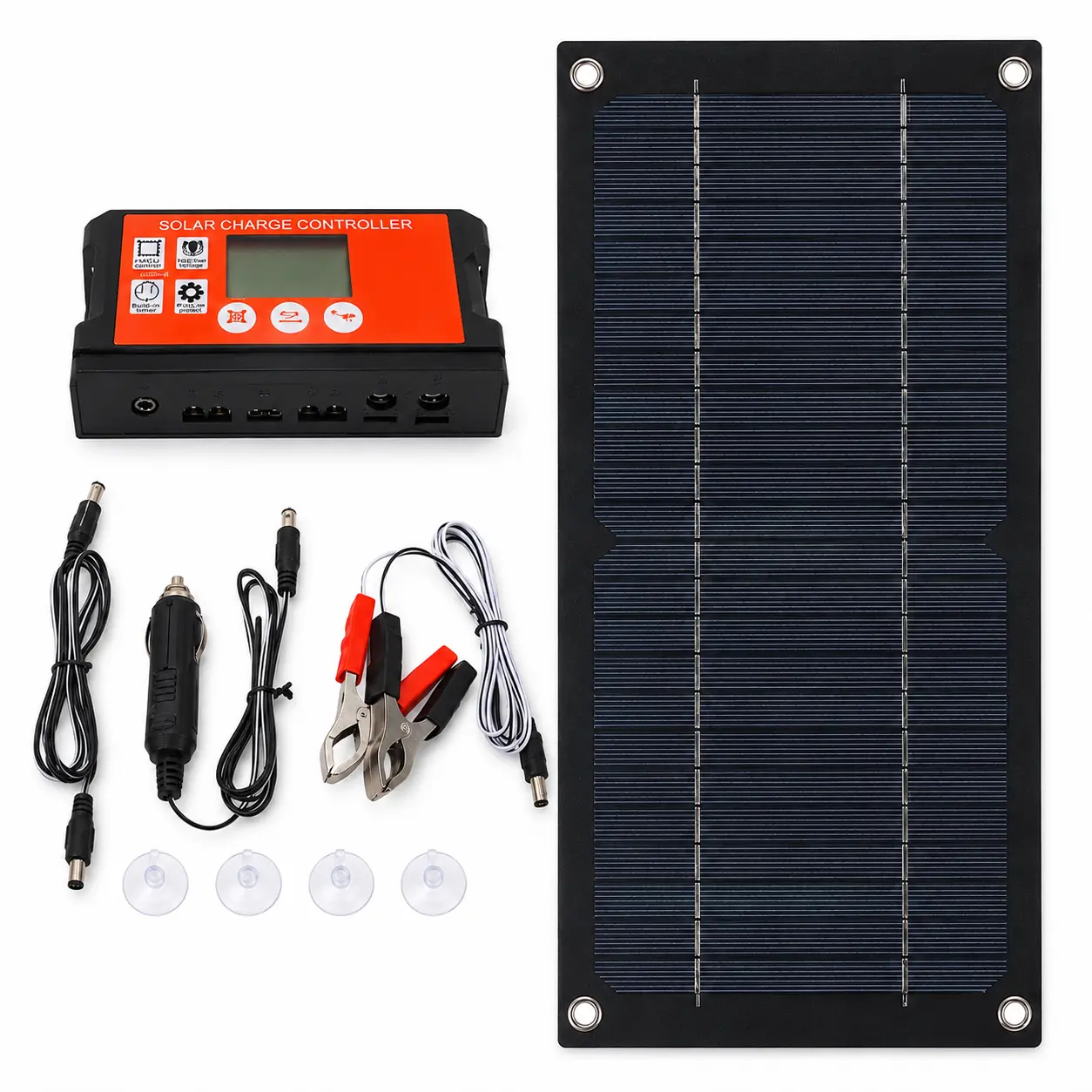 12V Solar Panel Charge Controller Maintenance Kit with Chargers, Charging Controller, Cigarette Lighter Plug, Alligator Clip, 4 Suction Cups – Portable Trickle Charger for Cars, RVs, Boats