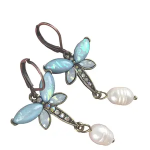 Earrings Opal Dragonfly Baroque Pearl Lever Back