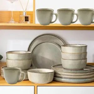 Brown Ceramic Glaze Wedding Dishes & Plate, Bowls, Mugs Set Stoneware Dinnerware Hotel Tableware with Detailed Design and Functional Features - 16pc