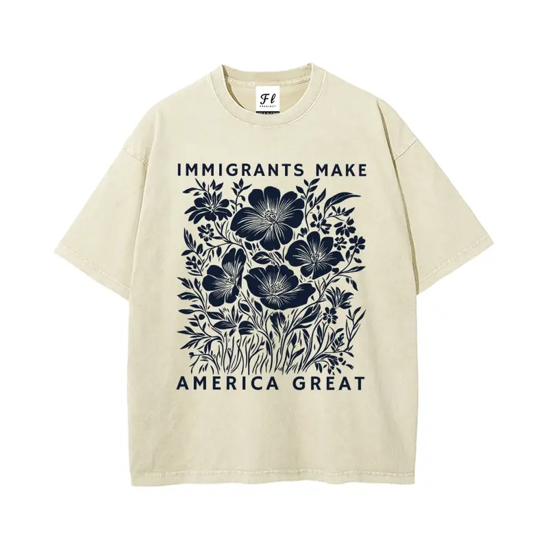 Unisex Oversize Street Fit Vintage Pure Cotton Anti-ICE Washed Short-Sleeve T-Shirt - Hot Stamped "Immigrants Make America Great", Retro Casual Top, Batik Fabric, Super Soft Pre-Shrunk, Back to School Menswear