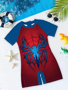 Boys' One-Piece Swimsuit, Swimwear, Classic Red and Blue Spider Design features red and blue color-blocking, three-dimensional spider prints, raglan short sleeves, exuding a heroic vibe for summer pool or beach water play