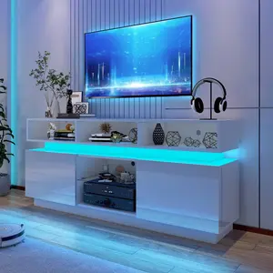 LED  Stand For 75/80 Inch , Modern Tall Entertainment Center With Storage, High Gloss Gaming  Media Console With Glass Shelf For Living Room tv
