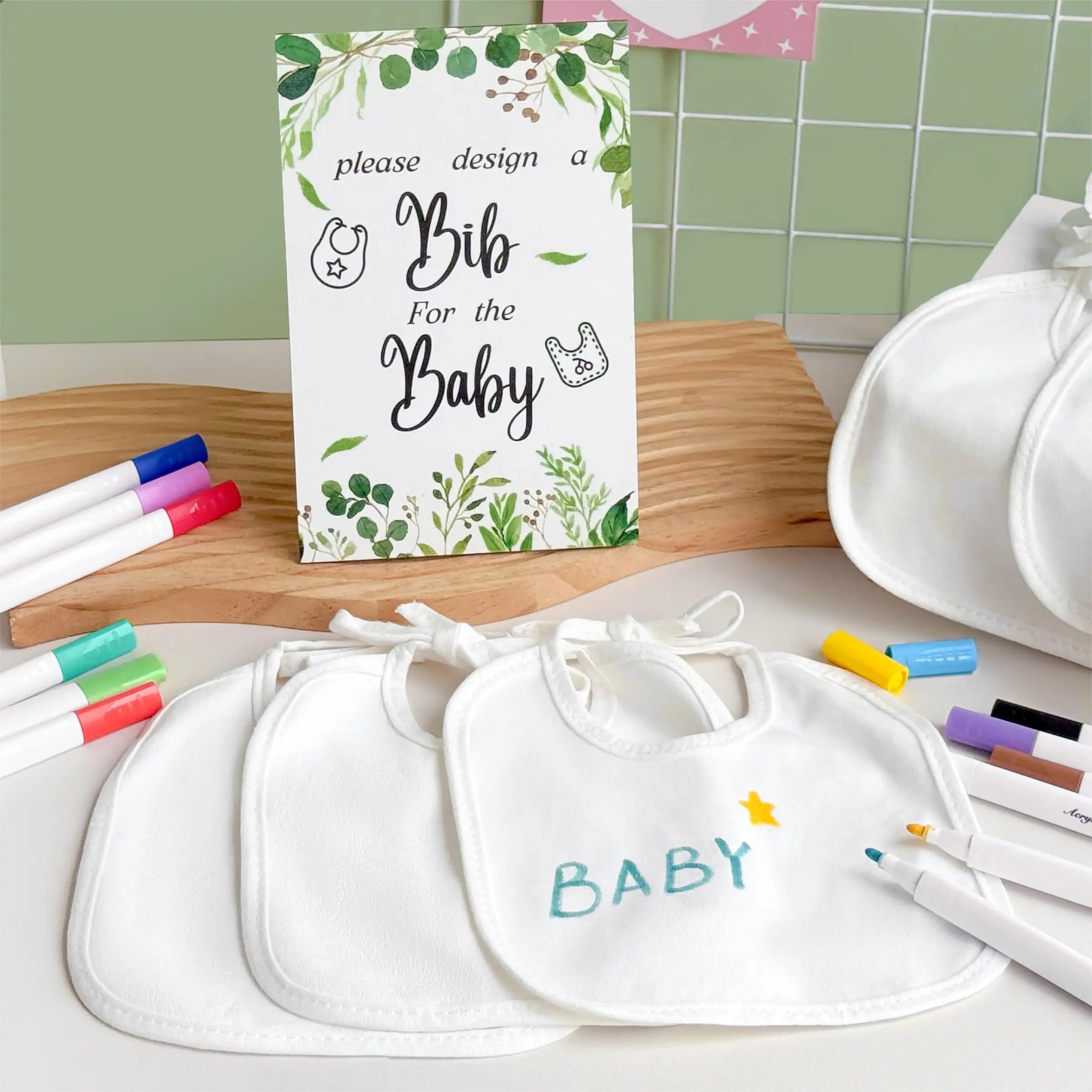 1 Set BabyShower Games Sign Kit, Decorating Blank Bibs Kit Ideas, Decorations Supplies, Includes 1pc Game Sign 12pcs Markers And 10pcs White Bibs, DIY BabyShower Activity Kit for Gender Reveal Party Supplies