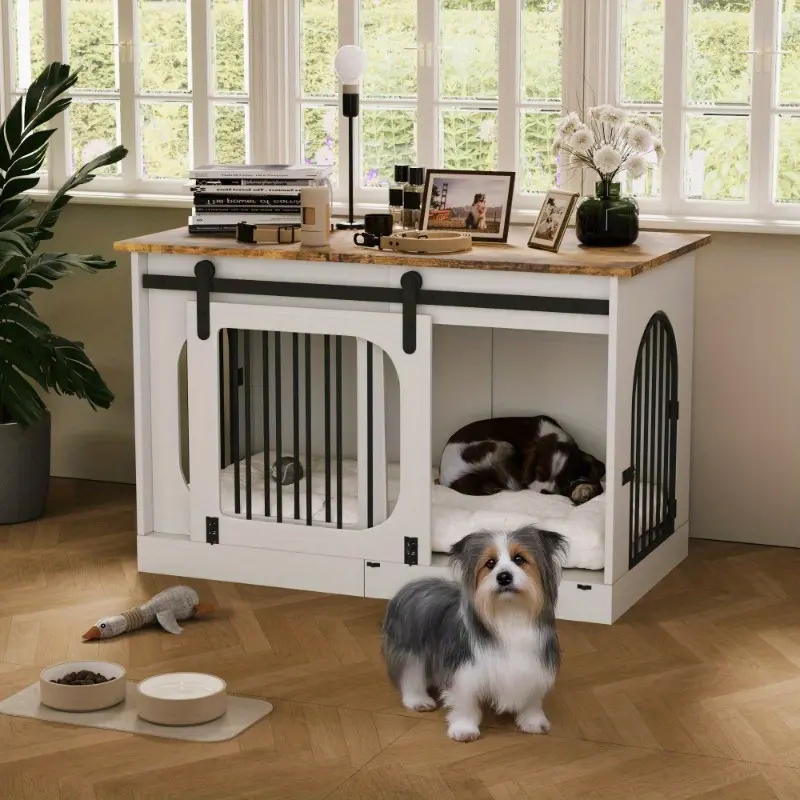 47.2" Dog Crate Furniture, Indoor Heavy Duty Dog Crate for Small & Medium Dogs Dogs, Wooden Dog Kennel with Soft Cushion, Dog Cage End Table with 3 Doors, Side Table, TV Cabinet, White