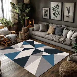 Navy Blue Grey White Triangle Geometric Crystal Velvet Area Rug Non‑Slip Minimalist Modern Living Room Rug#NavyBlueTriangleRug #GeometricPatchworkRug #MinimalistHomeDecor #ContemporaryCarpet #CrystalVelvetRug