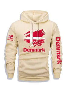Men's Denmark Print Zip Hoodie, Fall & Winter Casual Regular Fit Long Sleeve Sweatshirt, Fashion Daily Wear Clothing