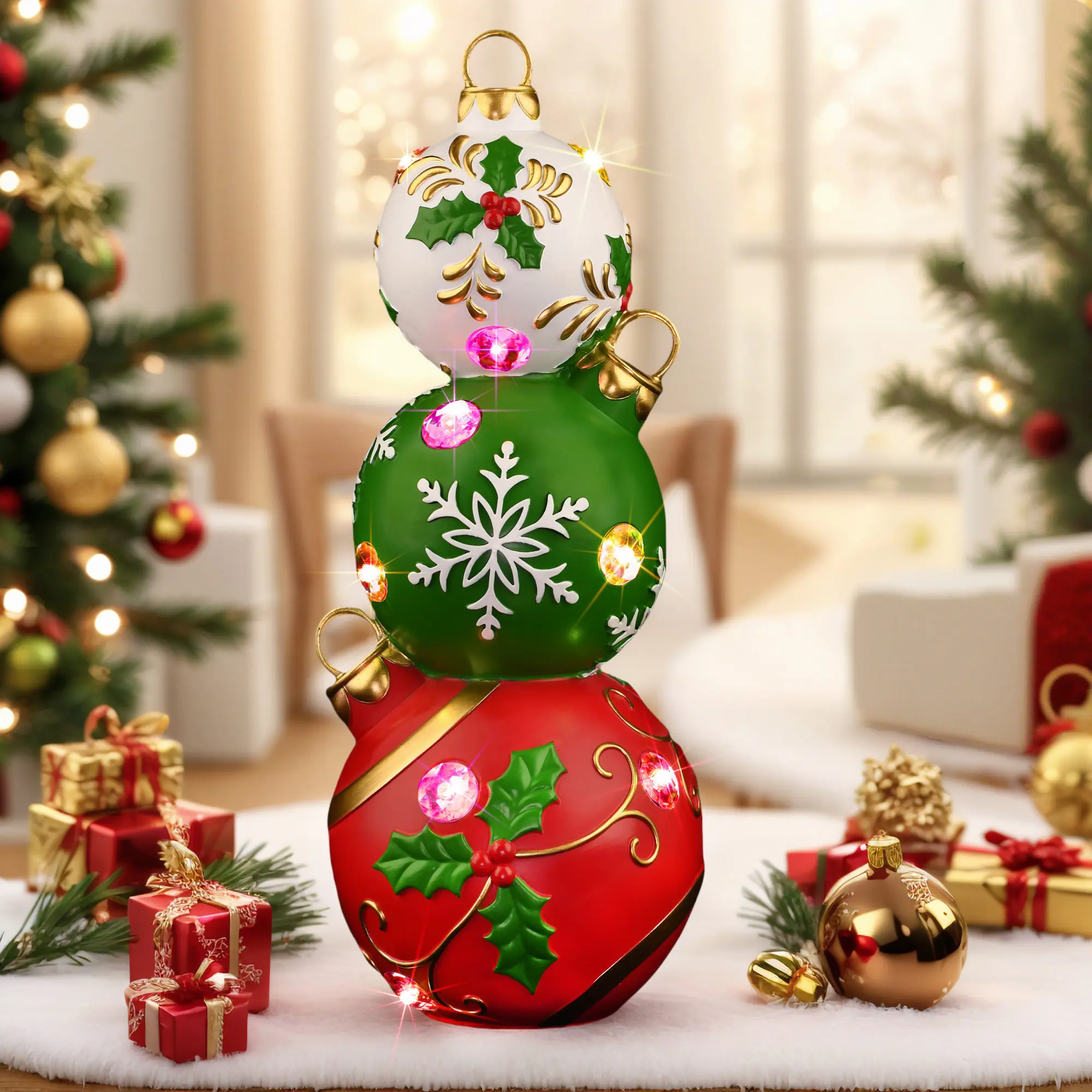 Christmas Tree Decoration Resin Ornament, Battery Powered Ornament, Design, Snowflake & Berry Motif, Perfect Gift for Family Friends