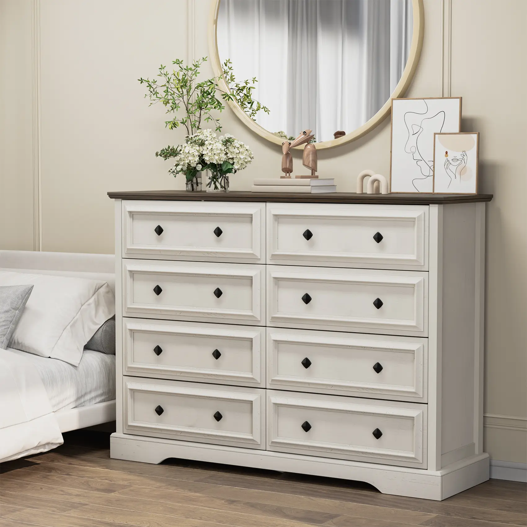 Antique White Farmhouse 8-Drawer Wood Dresser - 53.9in W x 15.8in D x 39.4in H, Waterproof, Rustic Look, Distressed Finish, Thick Panels, Vintage Metal Double Hand Knobs, Assembly Required for Bedroom, Living Room, Sturdy