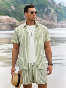 Men's Striped Set, Outfit, Fitted, Casual Commuter Style, Fresh Colors, Comfortable Material, Breathable, Versatile Design, Summer Daily Wear