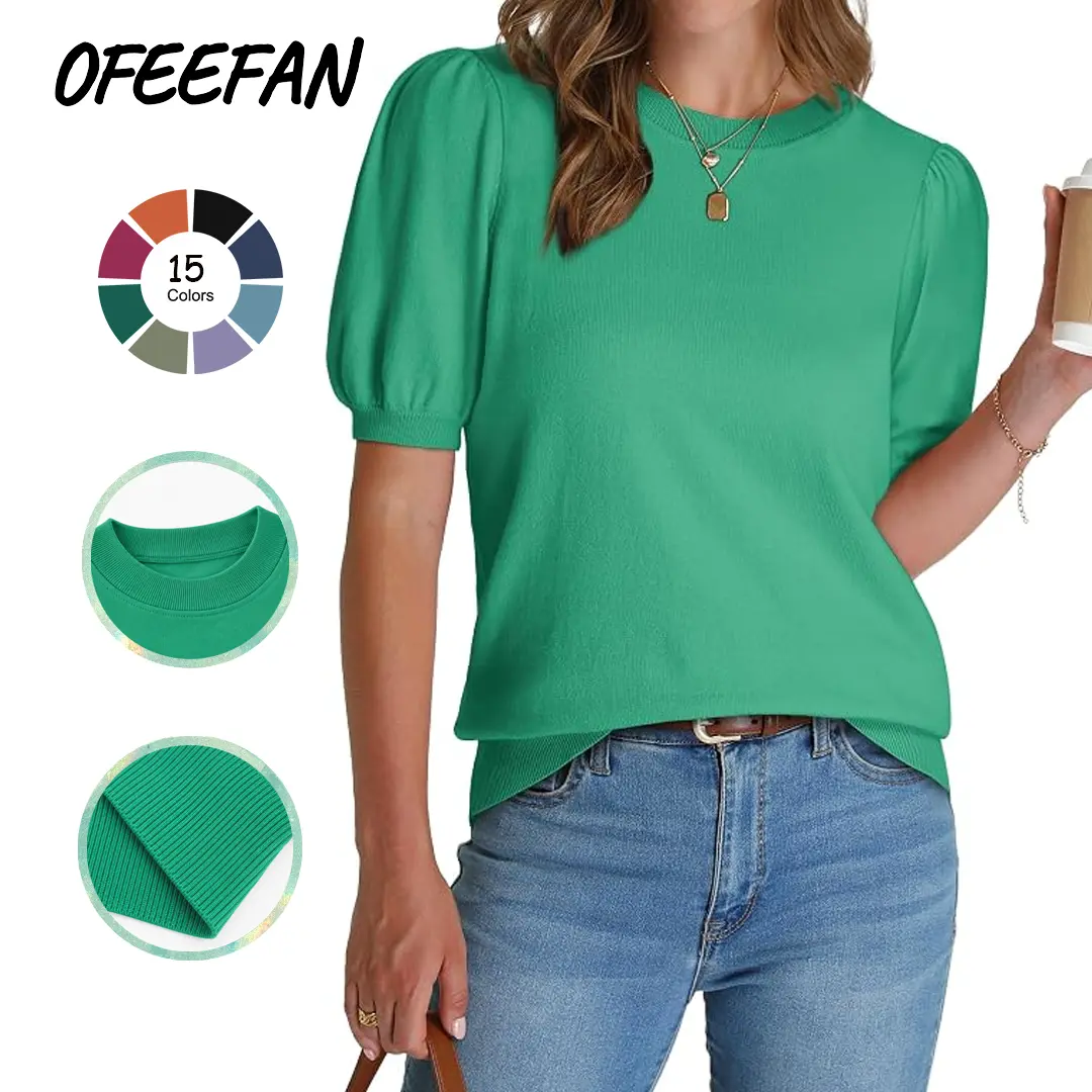 OFEEFAN Women's Puff Short Sleeve 2026 Spring Summer Sweater - Lightweight Knit Top - Business Casual Blouse, Soft & Breathable for Layering