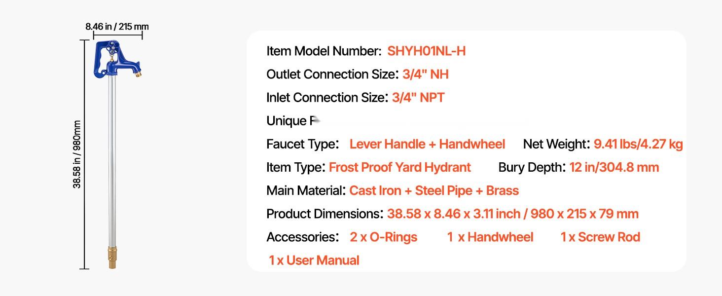Frost-Proof Yard Hydrant For Irrigation, 12-Inch Buried Depth, Outdoor Freeze-Proof Faucet With 3/4-Inch NPT Connection, Lever Handle And Handwheel, Lead-Free Hydrant For Garden, Yard And Farm Irrigation Applications