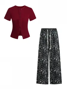 Women's Summer Casual Slim-Fit Short Sleeve Cardigan, Breathable Knitted Fabric, Round Neck Single Button Design, High Waist Drawstring Leopard Pants