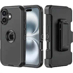Phone Case for iPhone 16 Plus Case,Heavy Duty Hard Shockproof Armor Protector Case Cover with Belt Clip Holster for Apple iPhone 16 Plus 6.7 5G 2024 Phone Case (Black+Black)