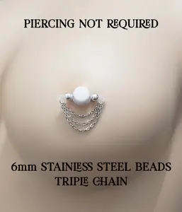 Triple Cable Chain Fake Barbells - Fake Nipple Rings- non piercing- b-035silver