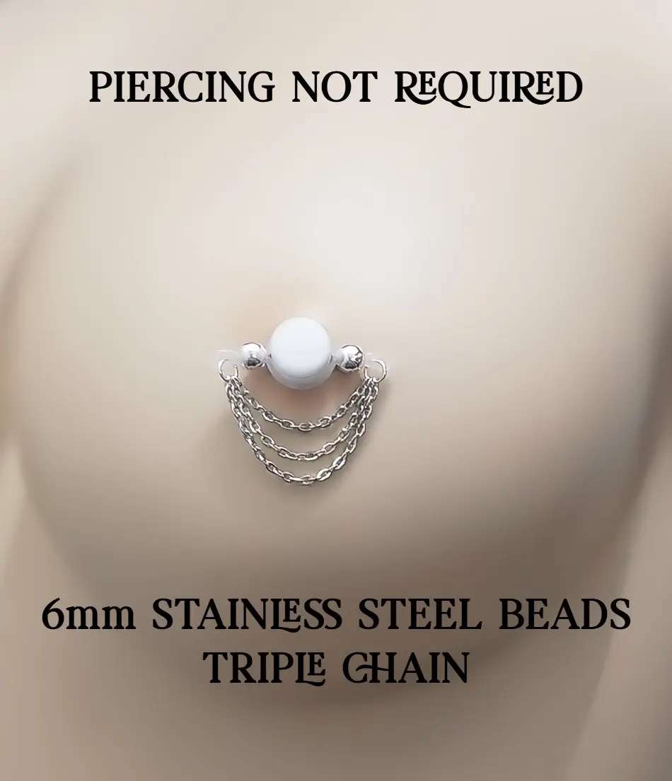 Triple Cable Chain Fake Barbells - Fake Nipple Rings- non piercing- b-035silver