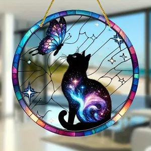 1-Piece 8" x 8" 2D Acrylic Stained Glass-Style Galaxy Cat and Butterfly Suncatcher — Indoor/Outdoor Window Decor, Wall Hanging Decor; Hang on Porches, Patios, Gardens, Offices, and Rooms — The Perfect Birthday Gift for Friends and Family