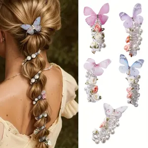 5 pieces - Super fairy butterfly telephone cord sweet hair tie for women, high elasticity ponytail braid hair accessory, bubble braid hair rope