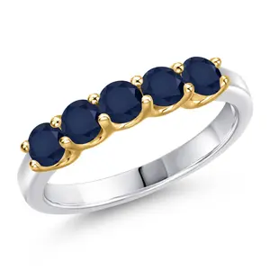 925 Silver and 10K Yellow Gold Blue Sapphire Wedding-Bands Ring For Women | 1.10 Cttw | Round 3.5MM | Gemstone September Birthstone