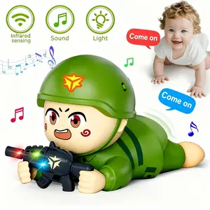 Baby Crawling Toy with Music & Lights Smart Obstacle Avoidance Infrared Sensing Funny Moving Soldier Toy for Toddlers Encourages Crawl Development Interactive