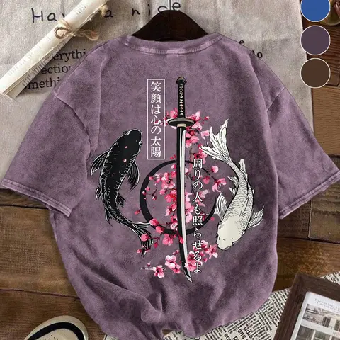 Men's Oversize Washed Vintage Japanese Cultural Yin Yang Koi Sword Graphic Print T-Shirt, Loose Fit Short Sleeve, Summer Streetwear Casual Fashion Top