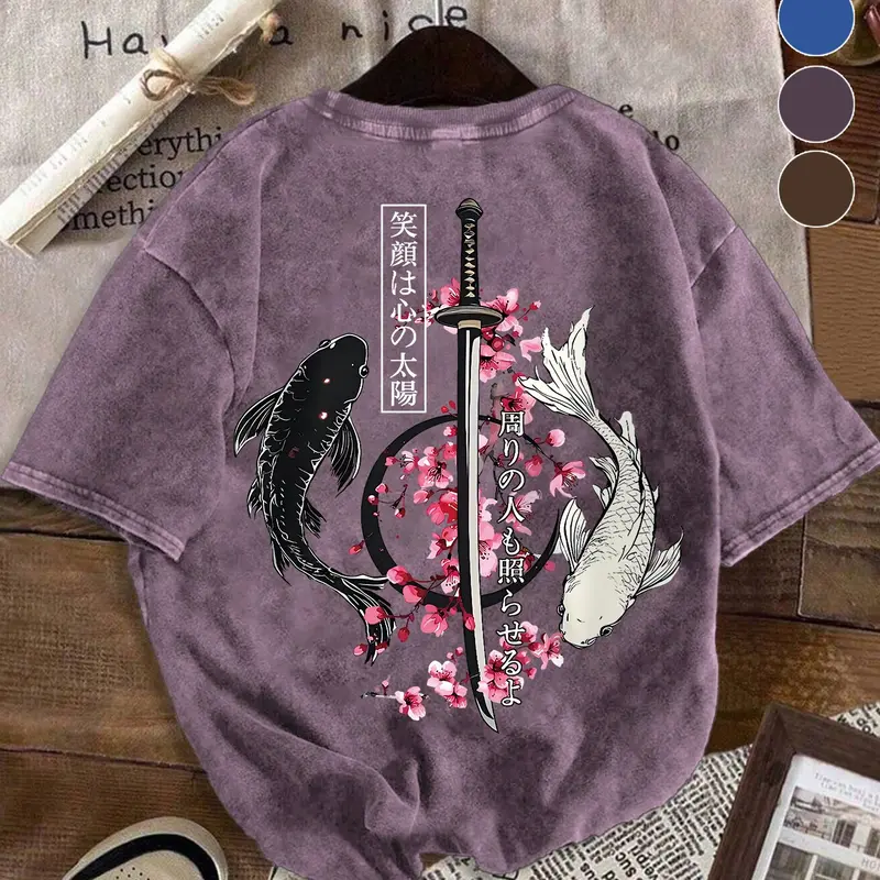 Men's Oversize Washed Vintage Japanese Cultural Yin Yang Koi Sword Graphic Print T-Shirt, Loose Fit Short Sleeve, Summer Streetwear Casual Fashion Top