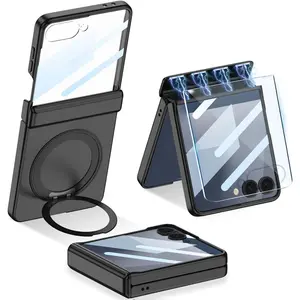 for Samsung Galaxy Z Flip 7 Case with 360 Bracket Ring Holder, Wireless Charging, Magnetic Hinge Protection & Built-in Front Screen Protector, Slim Texture Shockproof Case.- Black