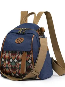 Vintage Boho Patchwork Backpack, Denim Multi-functional Mini Backpack for Commute Ethnic Style Colorful Check Backpack, Lightweight Student Bag with Convertible Strap