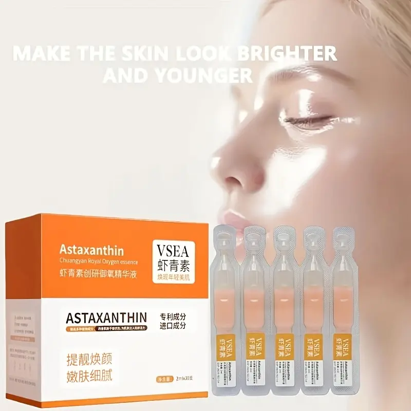 30pcs Single-Use Astaxanthin Raw Brightening Face Serum, Moisturizing and Hydrating, Brightening, Enhancing Radiance, Firming and Lifting, for Smoother, Firmer - Contains Rice, Alcohol-Free Formula, Suitable for Sensitive and All Types, Skincare