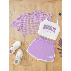 Girls 3pcs Brooklyn Letter Cami Top + Mesh Coverup + Shorts Set - Stylish Summer Outdoor Outfit with Pink & White Brooklyn Print, Knit Fabric, Stretchy Polyester Blend for Youngsters, Perfect for Spring & Summer, for Outdoor